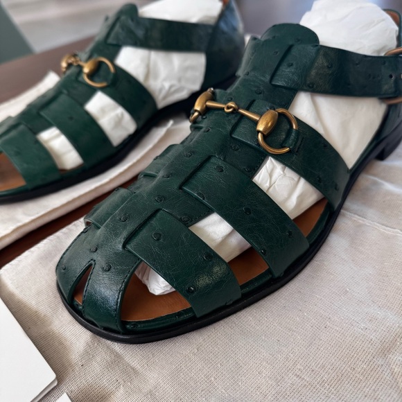 Gucci Exotics Men’s Emerald Green Ostrich Leather Fisherman Sandals Size 10 NWT - Picture 8 of 16